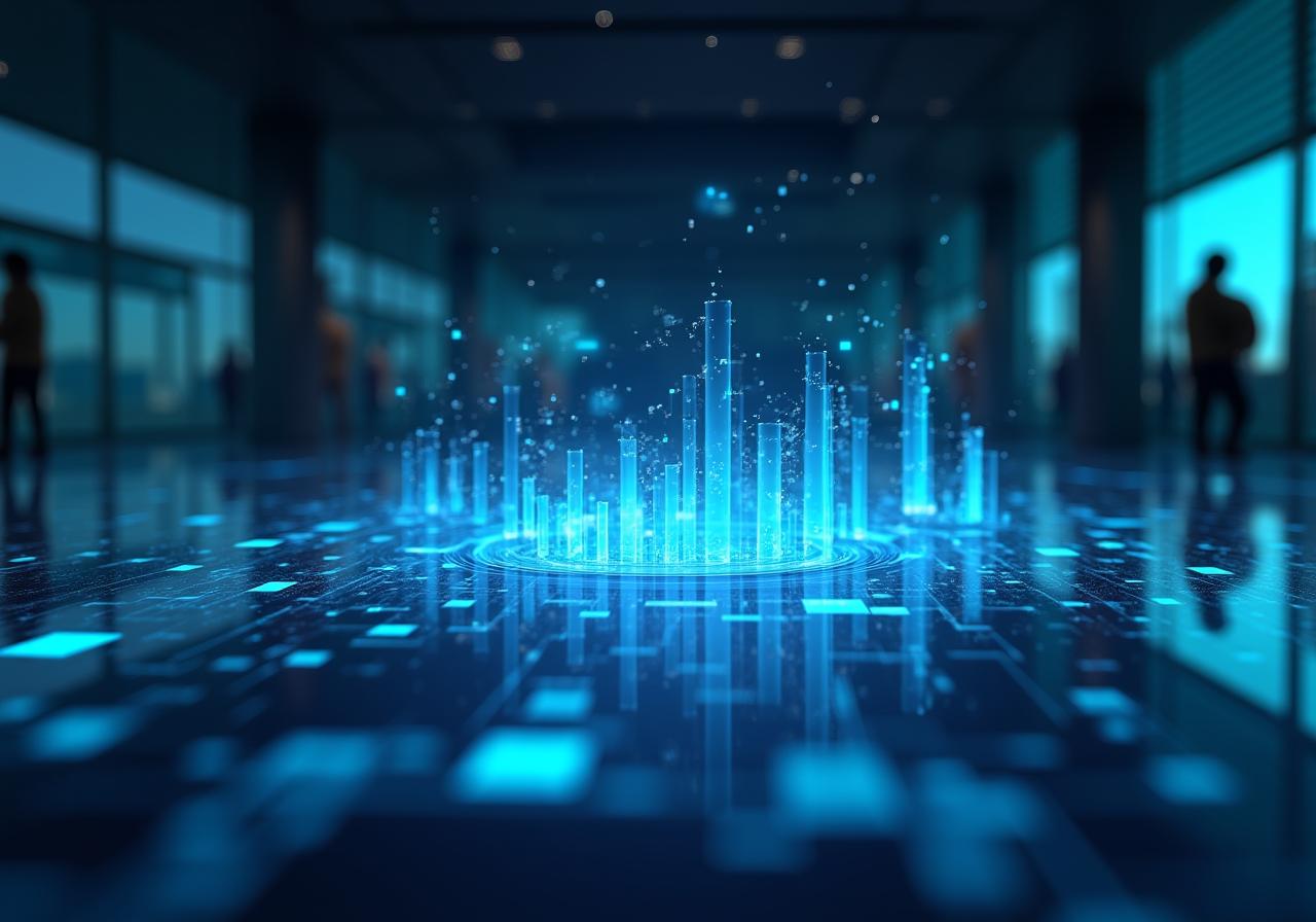 Futuristic business dashboard showing real-time AI data processing