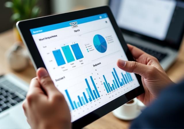 Business professional reviewing growth charts on a tablet